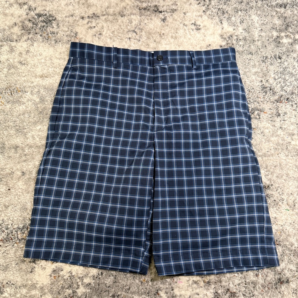 Greg Norman Mens 32 Navy Blue Plaid Performance Golf Shorts Stretch Shark Logo